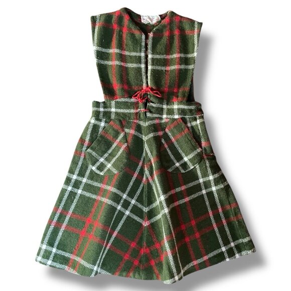Vintage 1960s Girls Pinafore Dress Sz 6 7 Green Plaid Wool Jumper Christmas - Picture 2 of 7